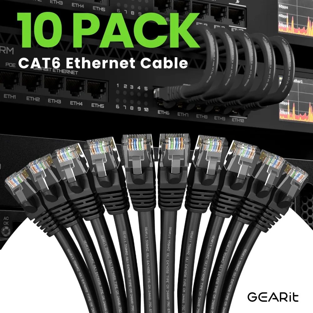 

Cat 6 Ethernet Cable (10-Pack 14 Feet) Cat6 Network Patch, 10Gbps, RJ45, Snagless Cord, Gold-Plated Connectors, Internet for PC