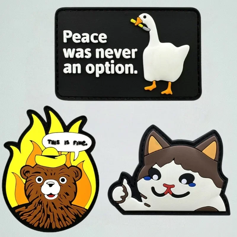 

Peace Was Never An Option Big Goose PVC Patch This Is Fine Soft Rubber Bear Fun Armband Thumb Cat Backpack Patches for Clothing