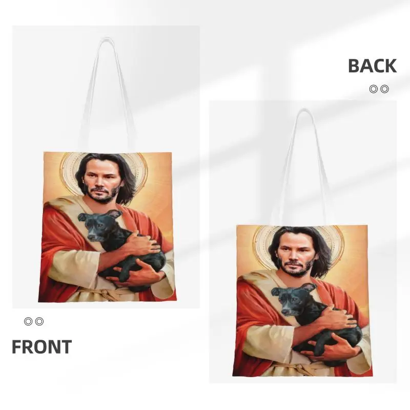 Kawaii พิมพ์ Keanu Reeves ถือลูกสุนัข Shopping Tote Bag Canvas Shopper กระเป๋าสะพาย Saint Meme พระเยซู John Wick กระเป๋าถือ