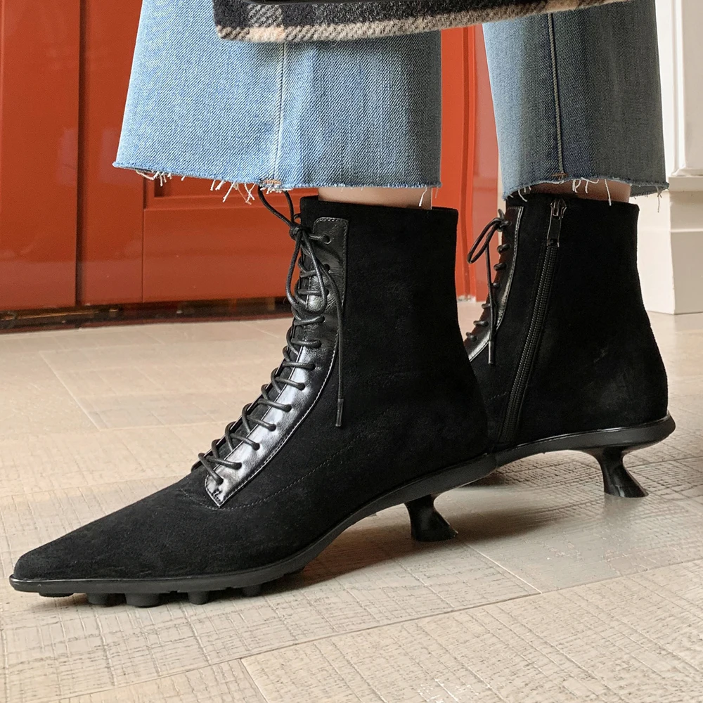 Nuova moda primavera autunno stivaletti scarpe in pelle donna inverno stivali corti in pelle scamosciata tacchi sottili donna Designer tacco basso nero marrone