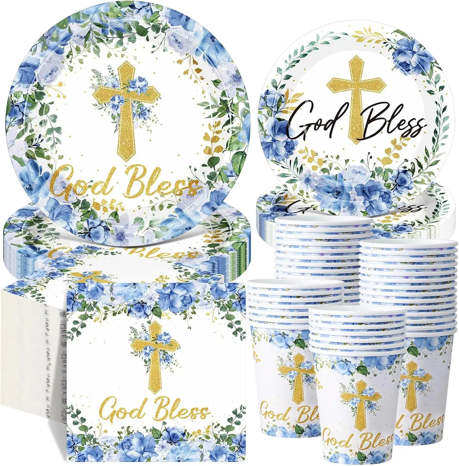 

250 Pcs Blue Baptism Cross Disposable Tableware Set First Holy Communion Baptism Disposable Paper Plates Napkins and Cup