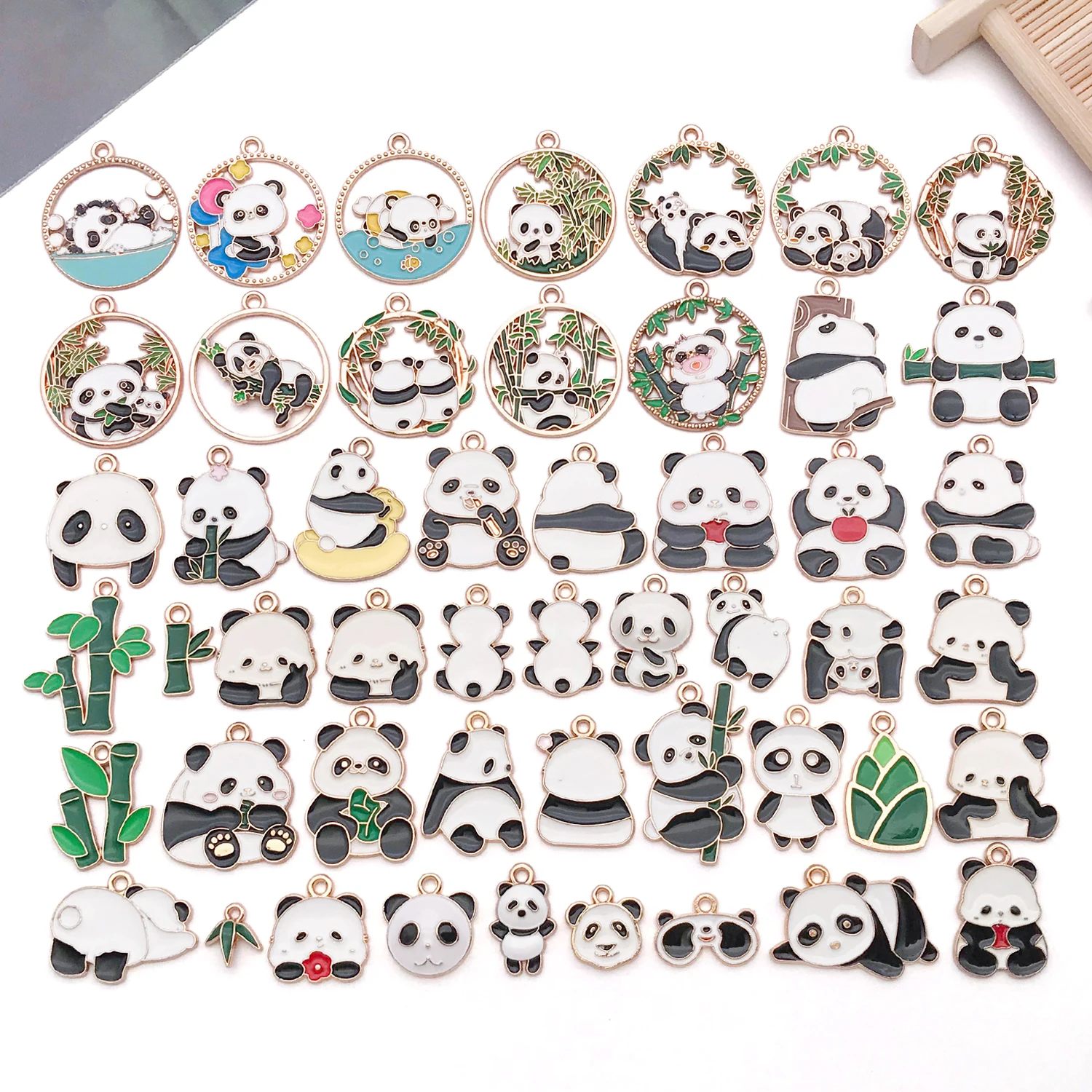 Chinese Style Panda Charms, 30/50 Pcs Cartoon Panda Bamboo Enamel Alloy Pendants for DIY Earrings & Keychains Jewelry Making - view 5