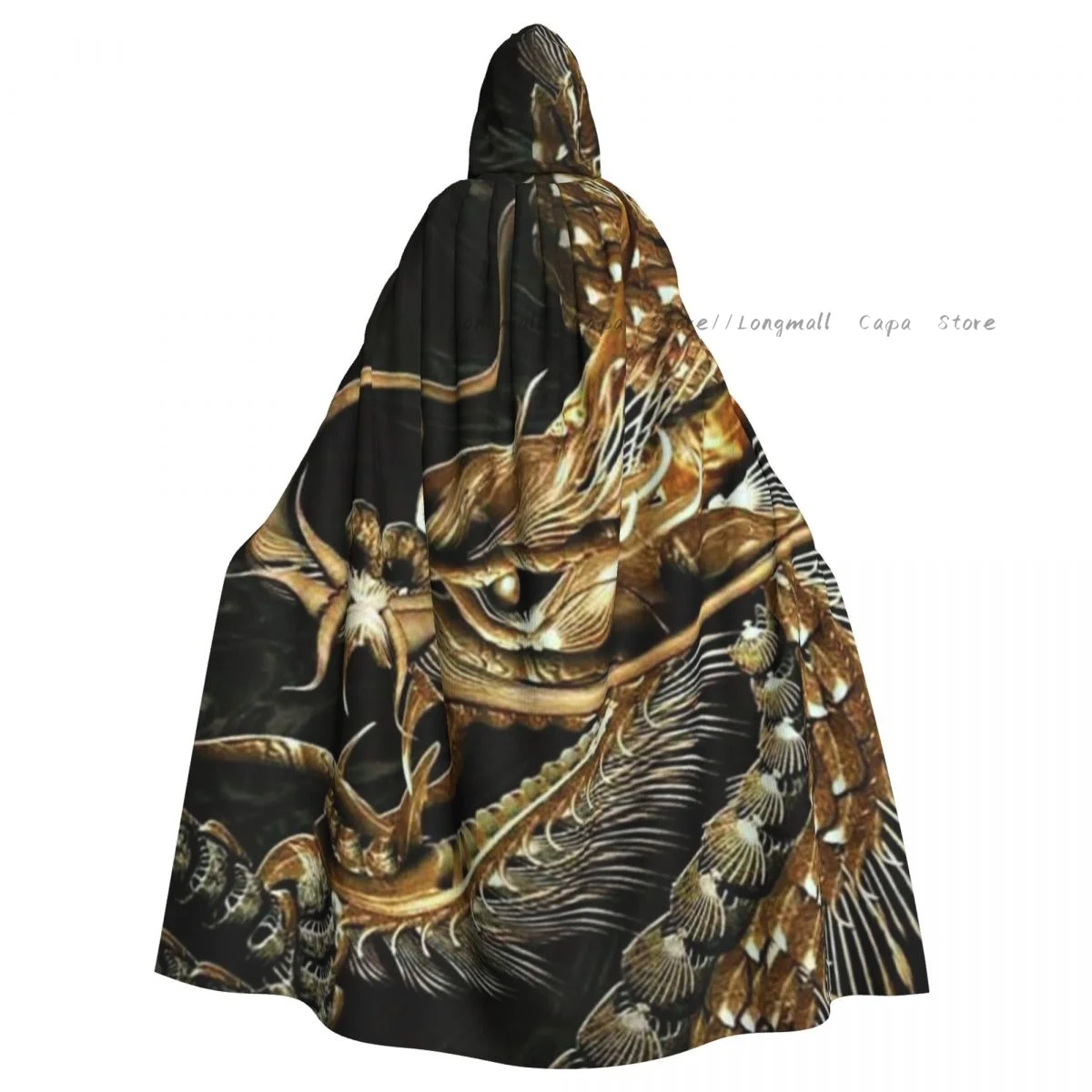 Adult Halloween Gold Gragon Print Cloak Cape Hooded Medieval Costume Full Length Dress Coat