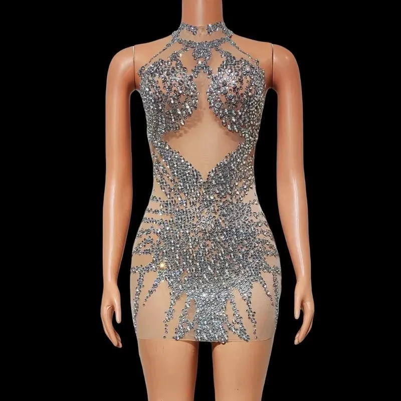 여성 섹시 숏 드레스 실버 라인스톤 투명 타이트 메쉬 생일 파티 이브닝 파티 공연 가수 무대 의상