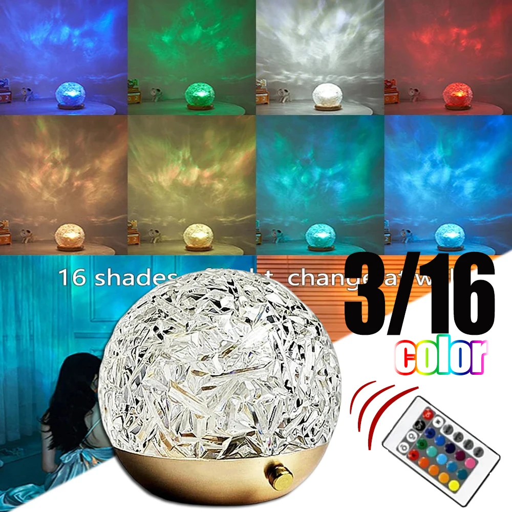 Dynamic Rotating Water Ripple Projector Night Light 3/16 Colors Flame Crystal Lamp for Living Room Study Bedroom Rotating Light