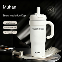 1pc Stainless Steel Tumbler 900ml Insulated Cup with Handle & Straw Keeps Cold for 24 Hrs Car Insulation Cup Coffee Water