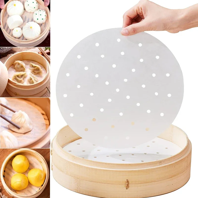 

Air Fryer Liners Bamboo Steamer Liners Non-stick Mini Steam Paper Premium Perforated Parchment Paper for Steamed Buns Dumplings