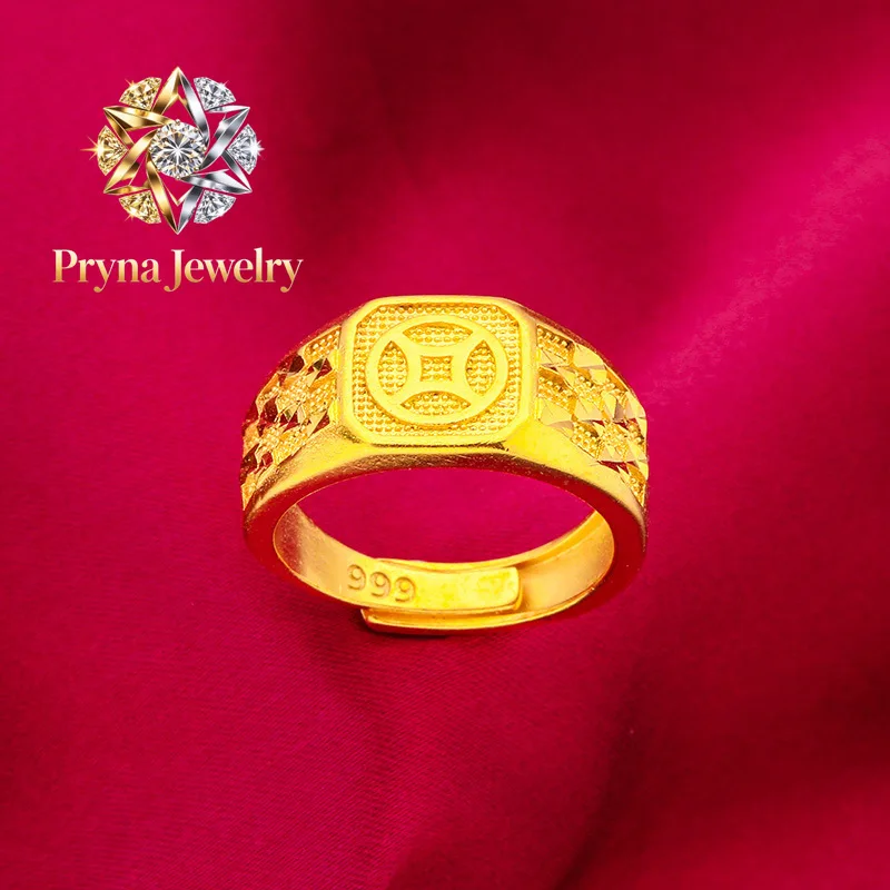 Pryna Jewelry  24K Gold Coin Ring | AU999 Pure Gold, 3D ancient coin design, matte aged finish, exudes masculinity and sophistic