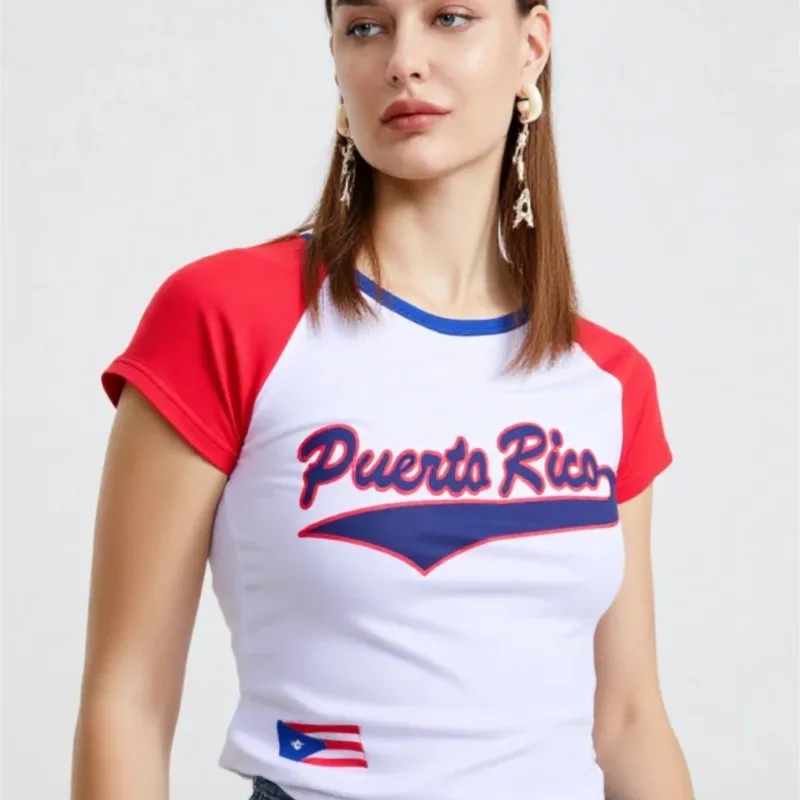 2026 Summer Puerto Rico Y2K Baby Tee Slim Fit T-shirt Women's Sexy Short Sleeved O-neck Basic Sports Casual Style Crop Tops