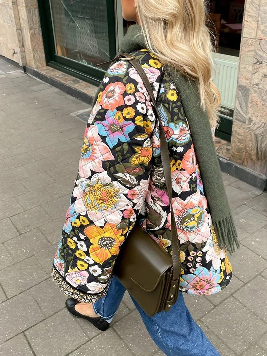 Women\'s Cropped Puffer Jacket Vintage Floral Print Padded Quilted Coat Long Sleeve Lightweigt Vintage Padded Jacket Outerwear