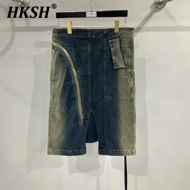 

HKSH Spring Summer New Men's Tide Y2K Elegant Capris Jeans Hip Hop Zipper Slim Washed Chic Casual Half Lengh Denim Pants HK6297