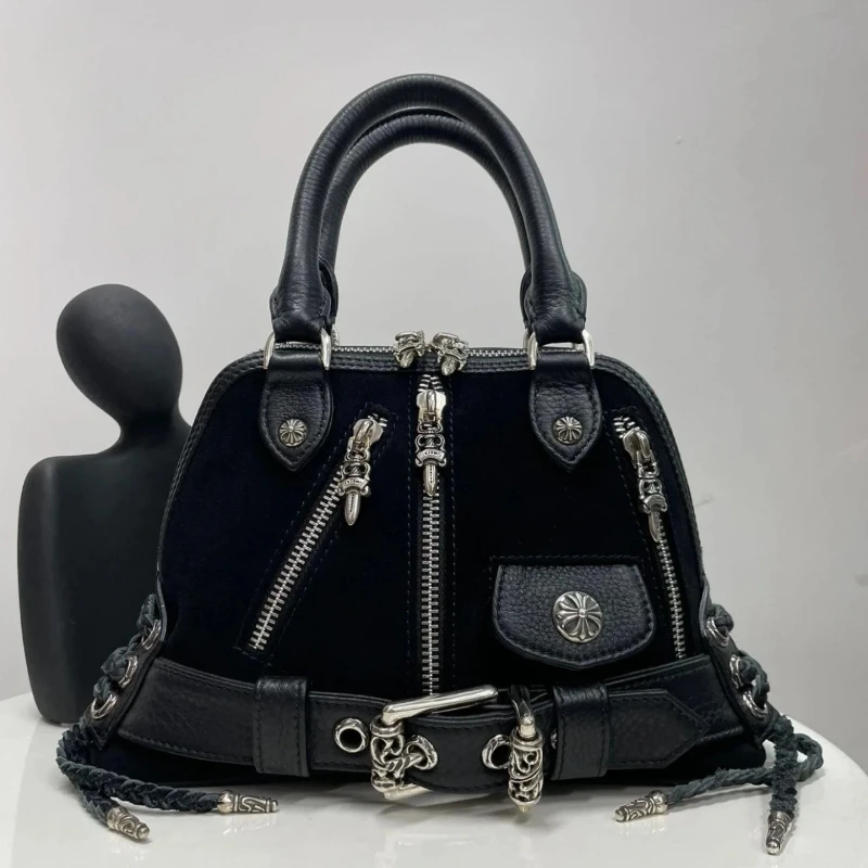 

Новая женская маленькая сумка-кроссбоди в стиле панк из натуральной черной кожи с множеством молний, украшенная заклепками, в уличном стиле, мотоциклетная сумка