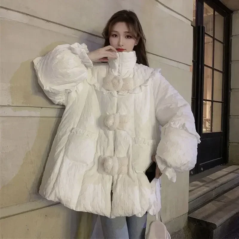 Kimotimo Autumn Winter Parkas Women Korean Fashion Stand Collar Patchwork Ruffle Loose Coats Sweet All Match Jacket Tops