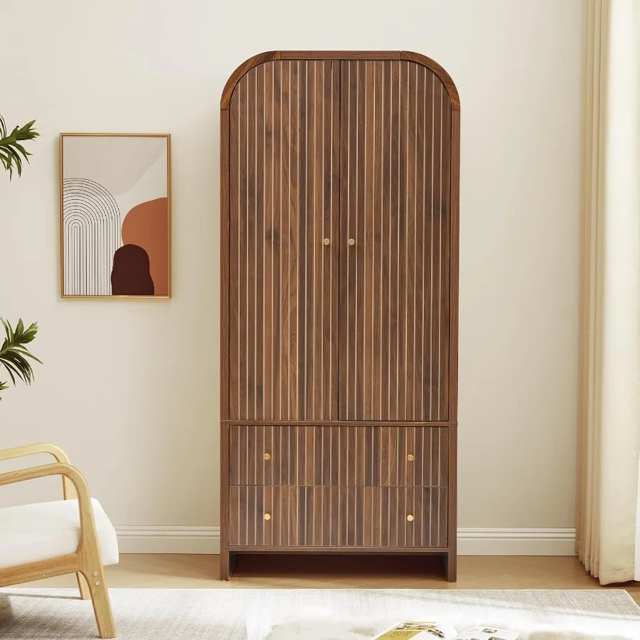خزانة ملابس مقوسة بذراعين، خزانة ملابس حديثة ببابين في منتصف القرن مع قضيب معلق ودرجين منحوتين
