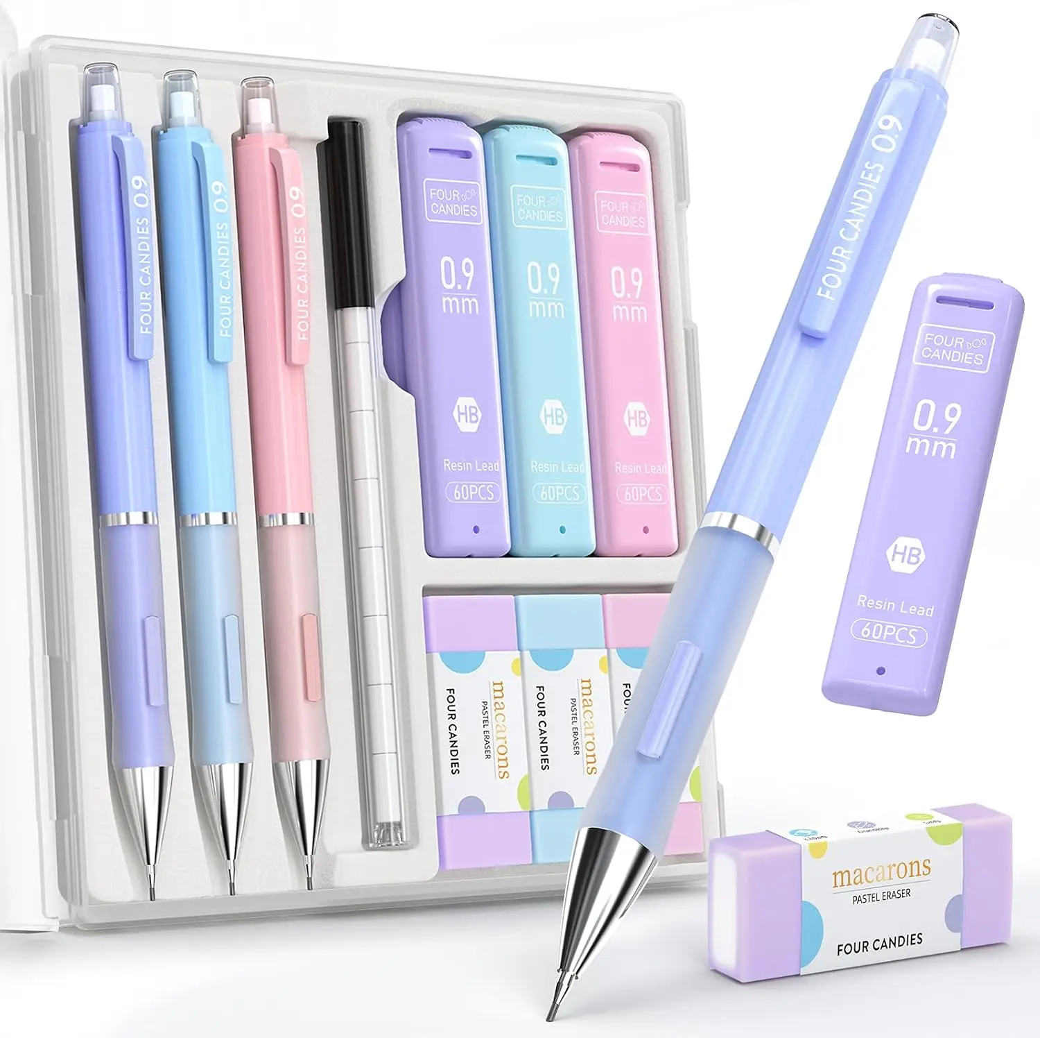 

3PCS 0.9mm Mechanical Pencils Set with 360 Leads, Pastel Erasers & Case, Bold Sketching & Note-Taking School Supplies
