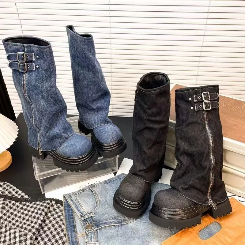 

Удобные сапоги до колена, женские модные высокие сапоги с пряжкой на ремне, однотонные зимние сапоги на среднем каблуке с круглым носком