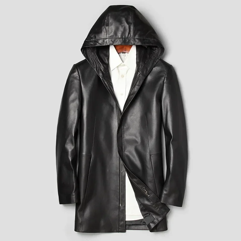 100% Genuine Sheepskin Leather Jackets for Men Hooded Slim Mens Leather Jacket Mid-length Real Leather Coat Chaquetas