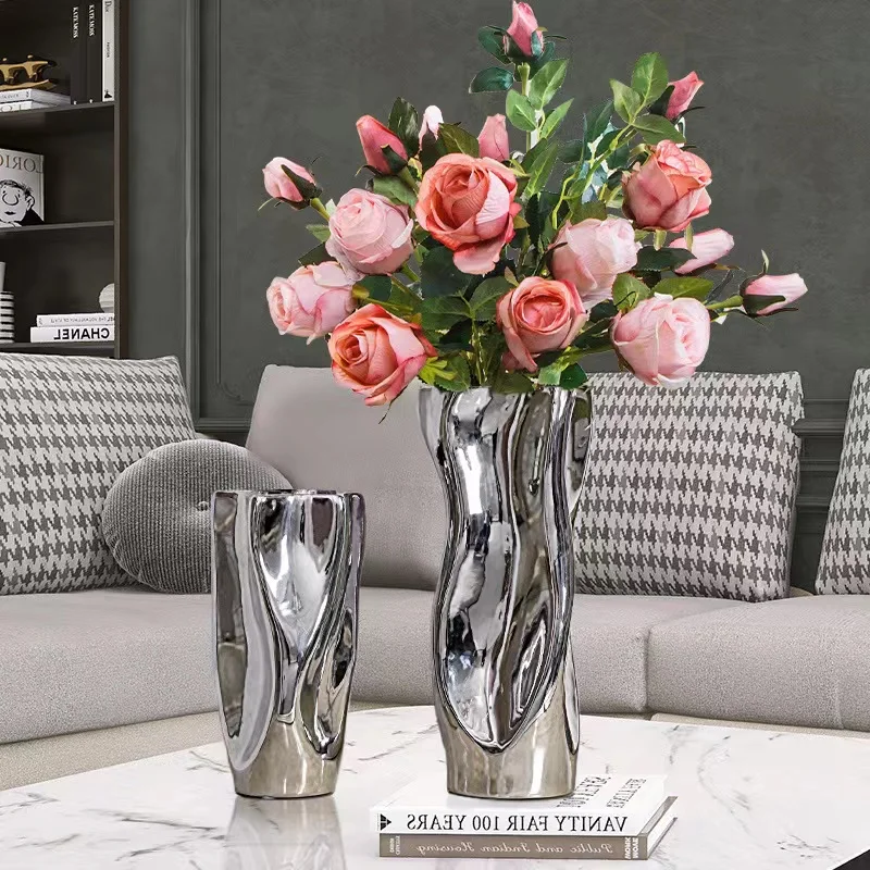 

Creative Silver Ceramic Vase Simple Living Room Dining Table Home Decoration Ornaments Ceramic Hydroponic Silver Ceramic Vase