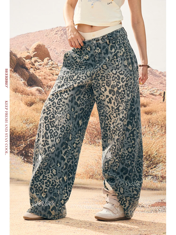 

BeerBro rican Miation Vintage Waed Blue Leopard Print iny Embroidery Wide Leg Knife Denim Jeans Women Casual Cot...