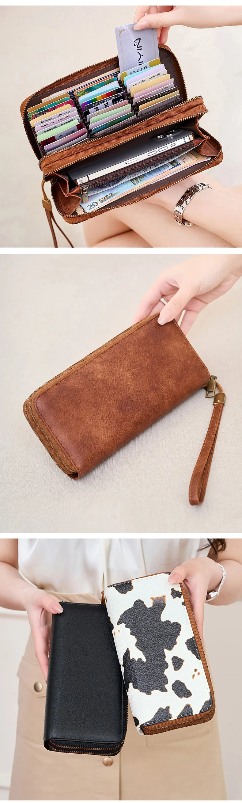 MIYIN Retro RFID-Diebstahlschutz Dreifach-Geldbörse Leopardenmuster Große Kapazität Doppelreißverschluss Handtasche Damen-Clutch mit Handgelenkschlaufe – Detail 5