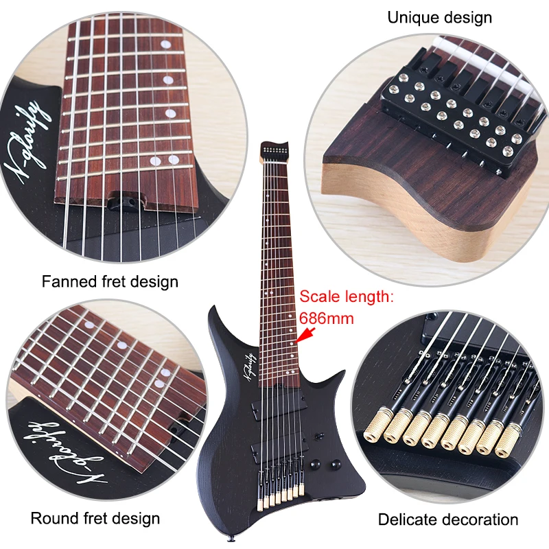 Gefächerte Bünde, 8-saitige kopflose E-Gitarre, 76,2 cm, Korpus aus massivem Eschenholz, kopflose Gitarre, Ahornhals, 686 mm Maßstabslänge