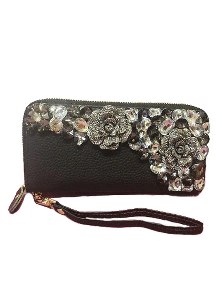 Colorful Crystal Women Genuine Leather Long Wallet Party Clutch Bag Shiny Diamonds Purse Card Holder Mobile Phone Wallet Handbag