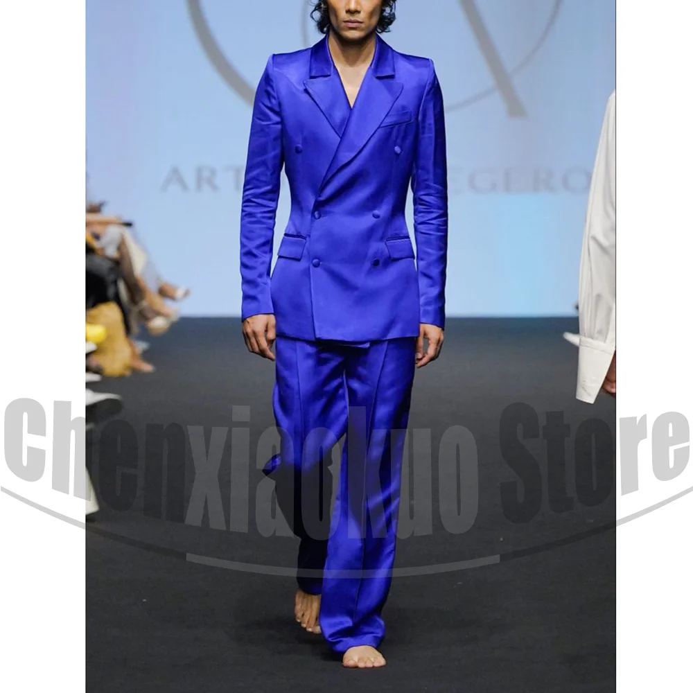 

Fashion Men Satin Suit 2 Piece Double Breasted Peak Lapel Tuxedo Formal Wedding Party Modern Gentleman Outfit (Blazer+Pants)