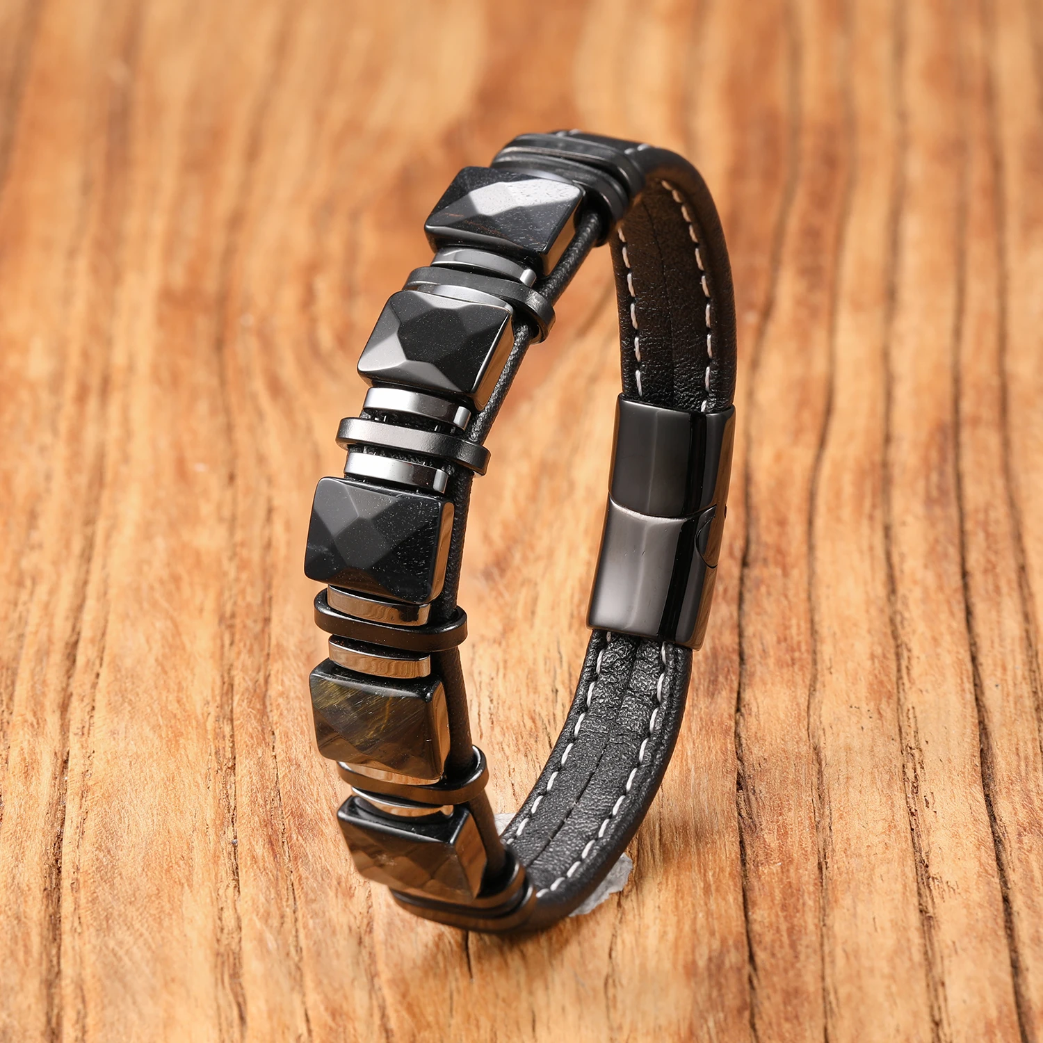 Naturfarbener Stein, Lederband-Armband, Edelstahlverschluss, Boho-Chic-Heilkristallschmuck, Geschenk für Frauen und Männer – Detail 10