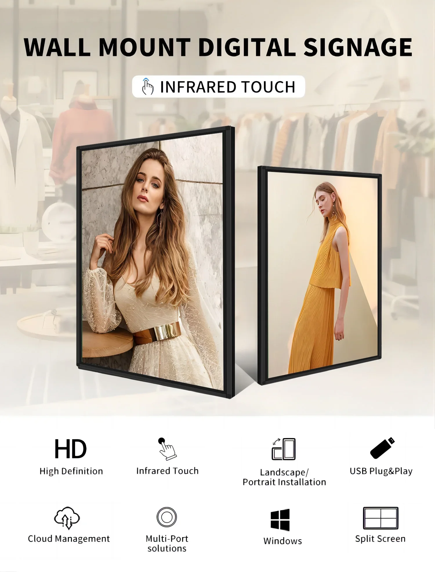 32 Inch Commercial Touchscreen Wall Mounted 4k Monitor LCD Display Digital Signage and Display Indoor LCD Advertising Screen