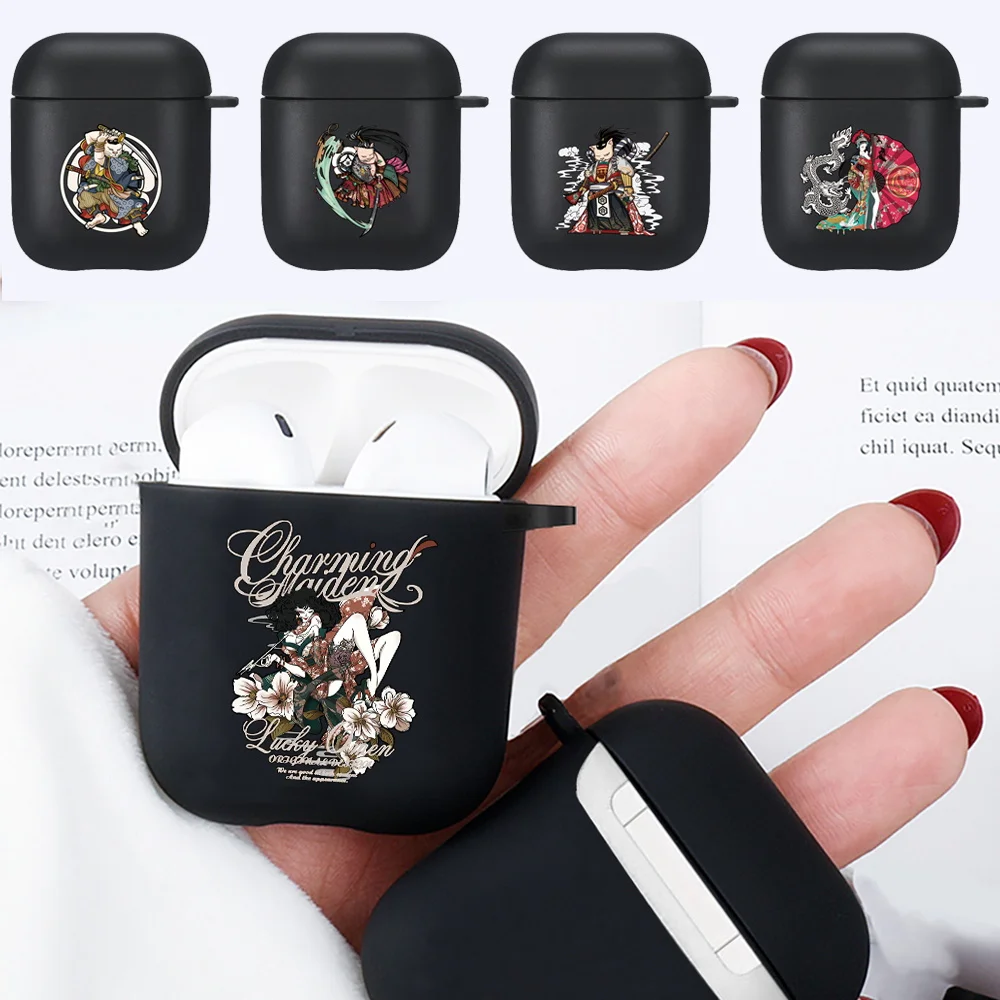 

For Apple Earphone Case AirPods 1st / 2nd Generation Dust-proof Samurai Print Wireless Bluetooth Headphone Black Silicone Cover