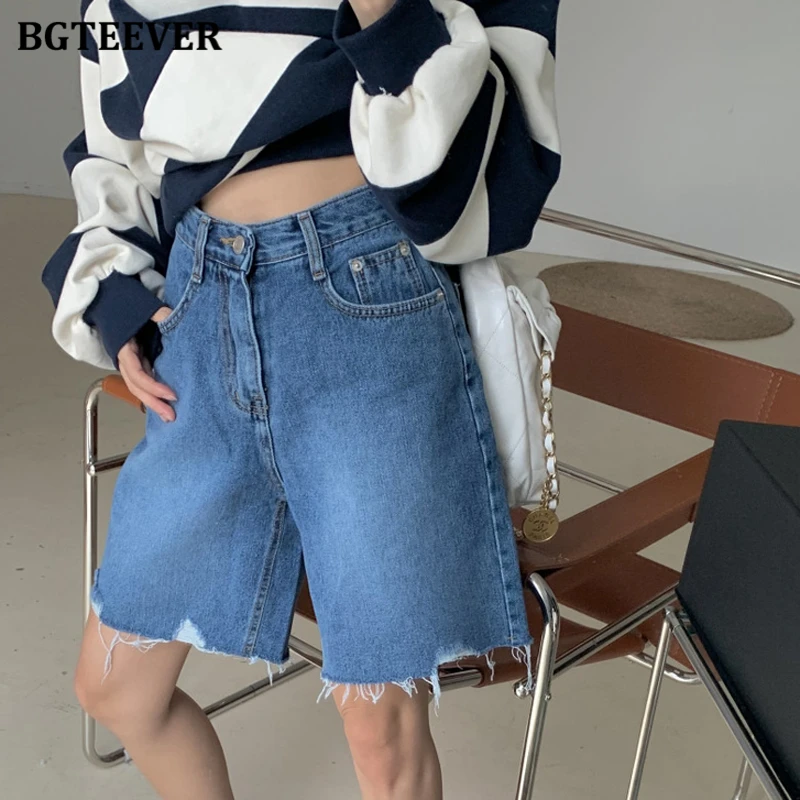 

BGTEEVER Summer High Waist Straight Denim Shorts Women Casual Loose Pockets Wide Leg Jeans Shorts Female
