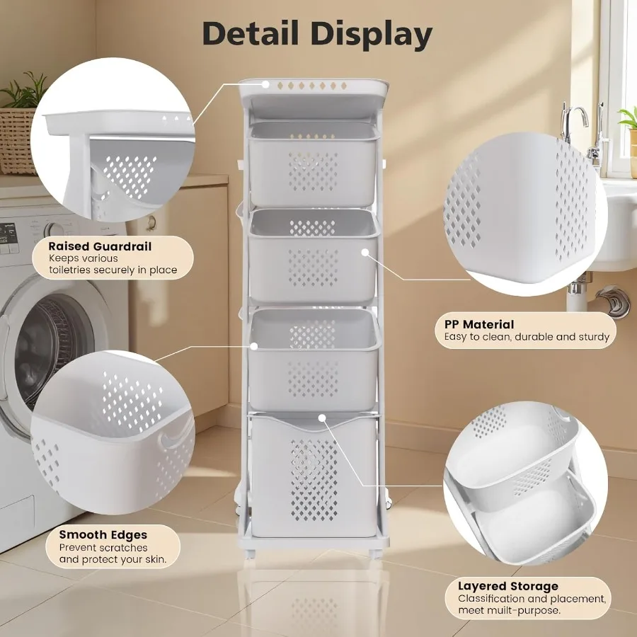 فارز سلة الغسيل من 4 طبقات بعجلات وسلال قابلة للإزالة لتخزين الملابس القذرة الفعالة في الحمام أو غرفة النوم