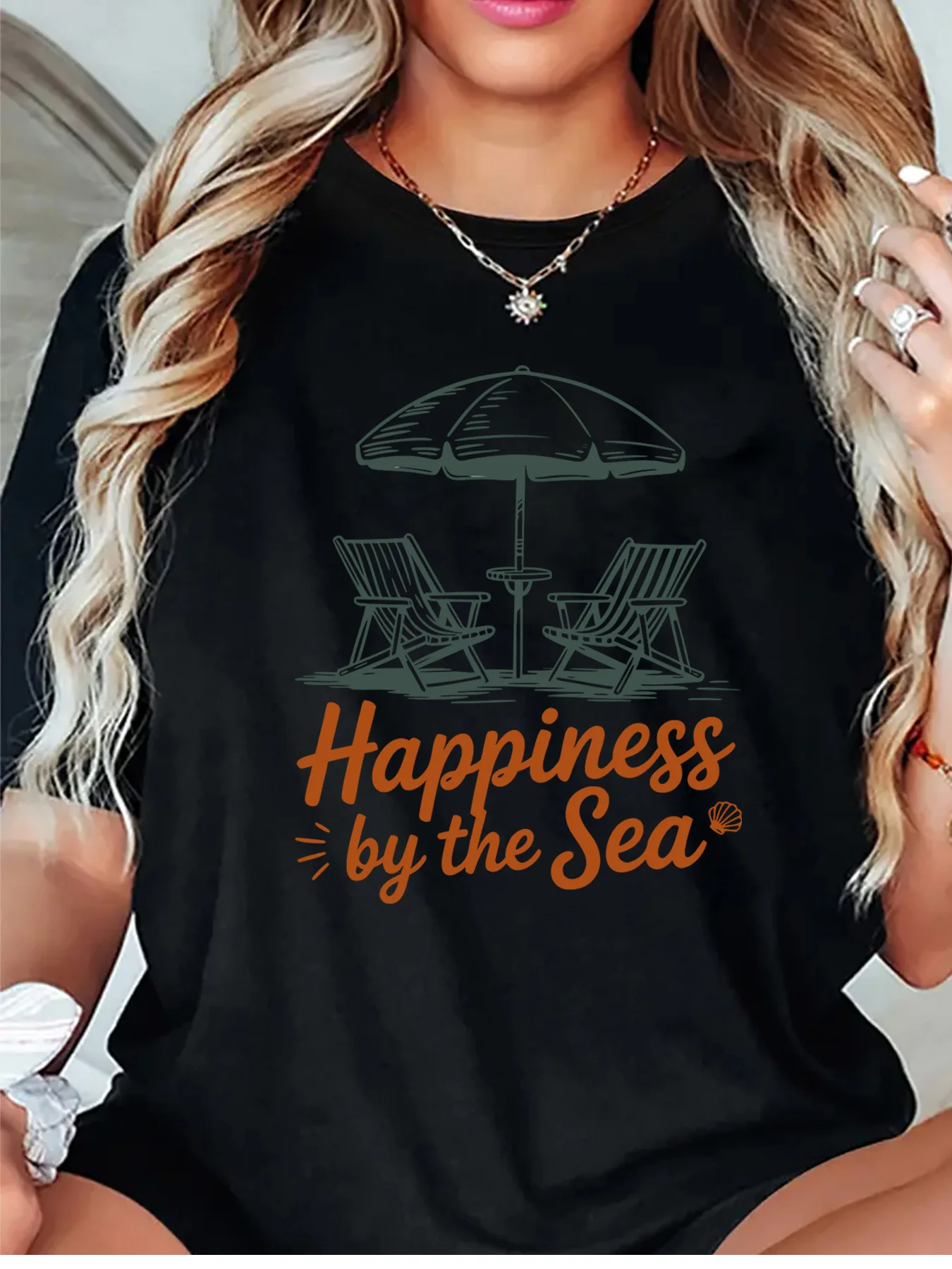 Happiness By The Sea Beach Chairs Umbrella Shell Coastal Graphic Womens T Shirt Short Sleeve Crew Neck Casual Ladies Tee Tops