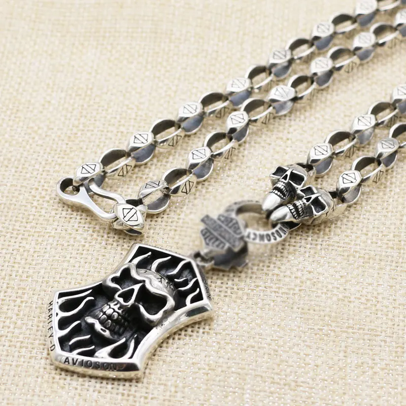 925 sterling silver personalized retro trendy hip-hop long sweater chain men's skull pendant women's necklace Thai silver