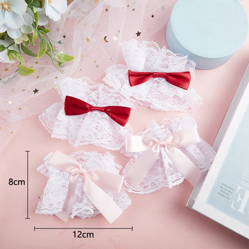 Gothic Lolita Wrist Cuffs Sweet Satin Bow Ruffles Floral Lace Tulle Bracelet Wristband Japanese Maid Cosplay Hand Sleeve