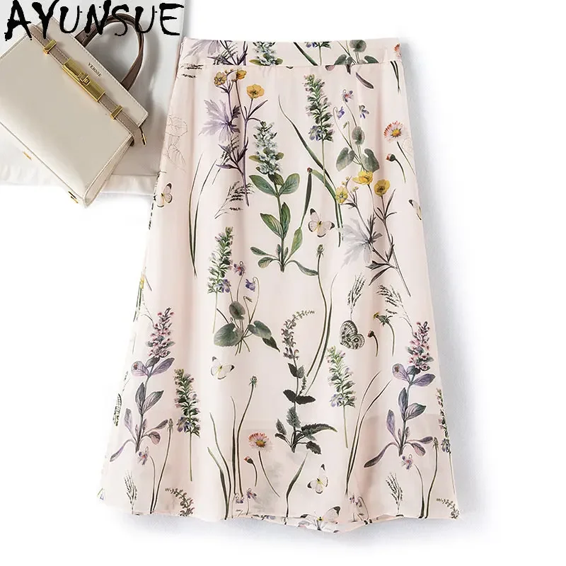 95% Mulberry Real Silk Skirt Women's High Waist Wrap Hip Vintage Ink Printed Mid-long Skirt Women's Clothing Summer Clothes Юбка