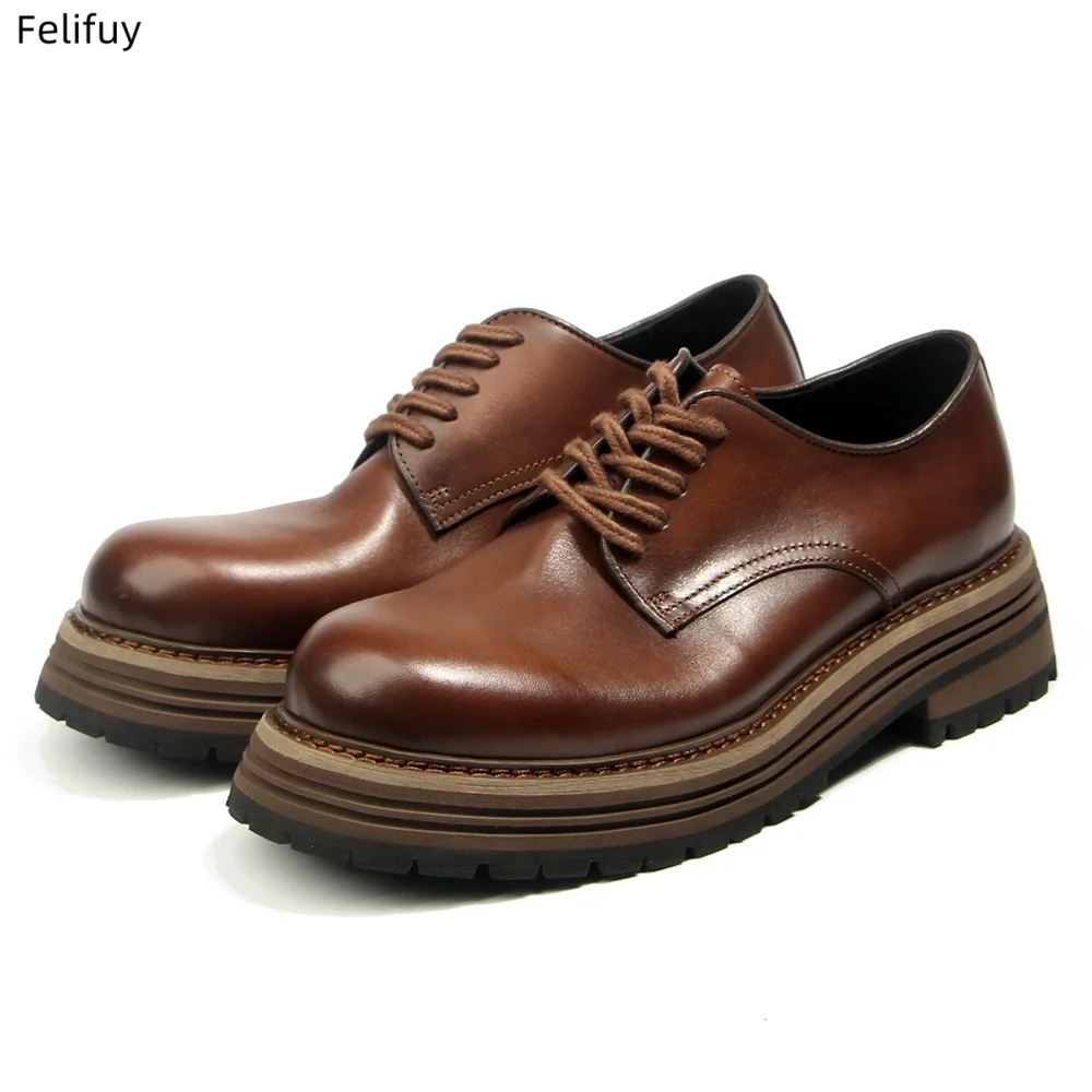 British Style Big Head lace-up Derby Men’s Shoes, Handmade Platform Work wear Casual Shoes, Vintage Chunky Sole Oxfords for Men