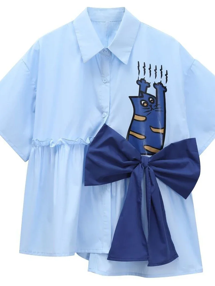 Zoki ثلاثية الأبعاد القوس لطيف قميص المرأة فضفاضة تصميم غير رسمي القط طباعة بلوزة خمر الكورية الصيف قصيرة الأكمام الإناث كل مباراة الرجعية #3