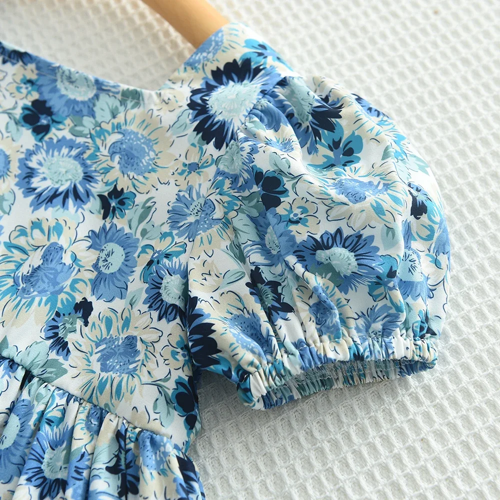 Kid\'s Dress For 2-6 Years Girls Blue Floral Short Sleeve Princess Dress Summer Fashion Kids Casual Dresses