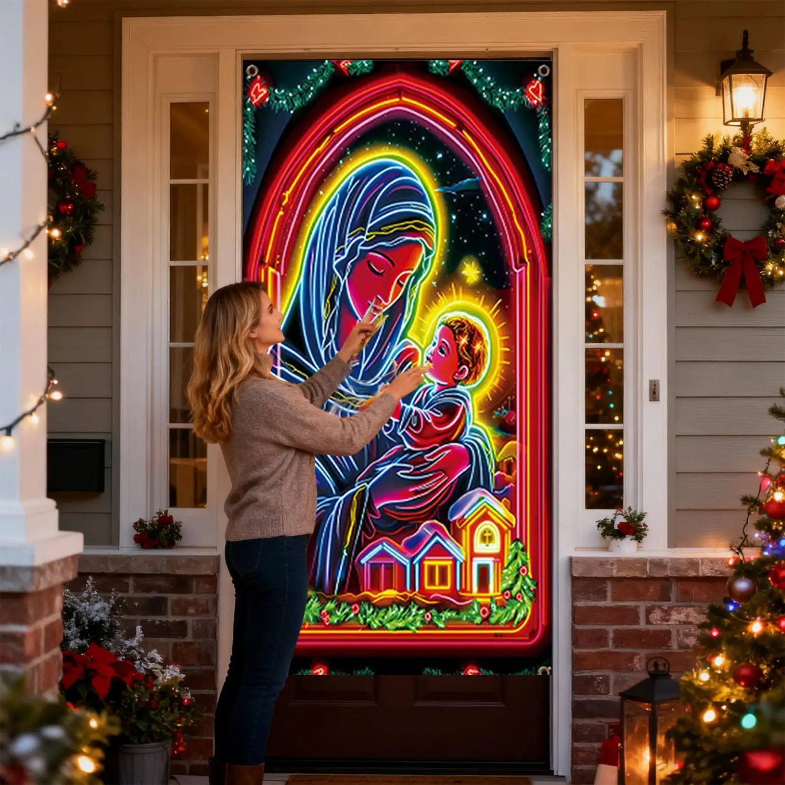 Christmas Front Door Decoration Cover Religious Front Door Jesus Scene Covers Christmas Porch Sign Banner Decor For Indoor