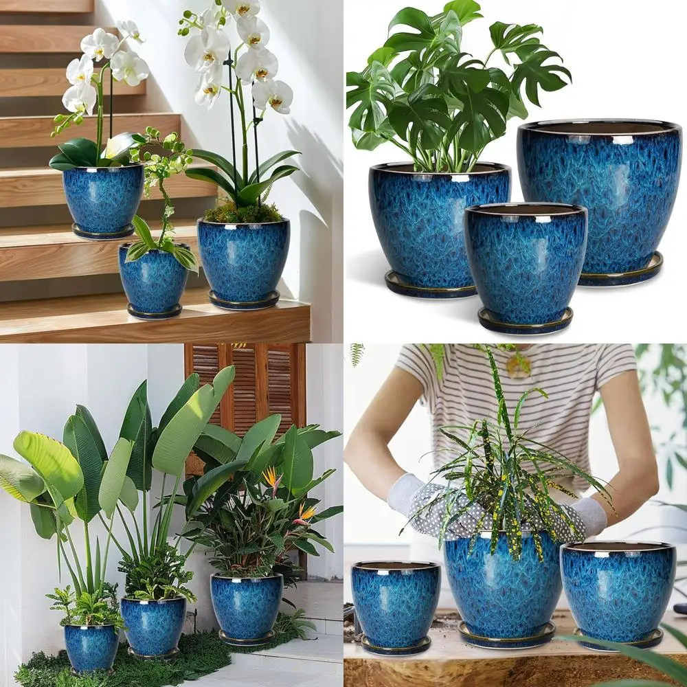 

Set of 3 Blue Ceramic Plant Pots with Drainage, 10, 8, and 6 Inches for Indoor/Outdoor Plants