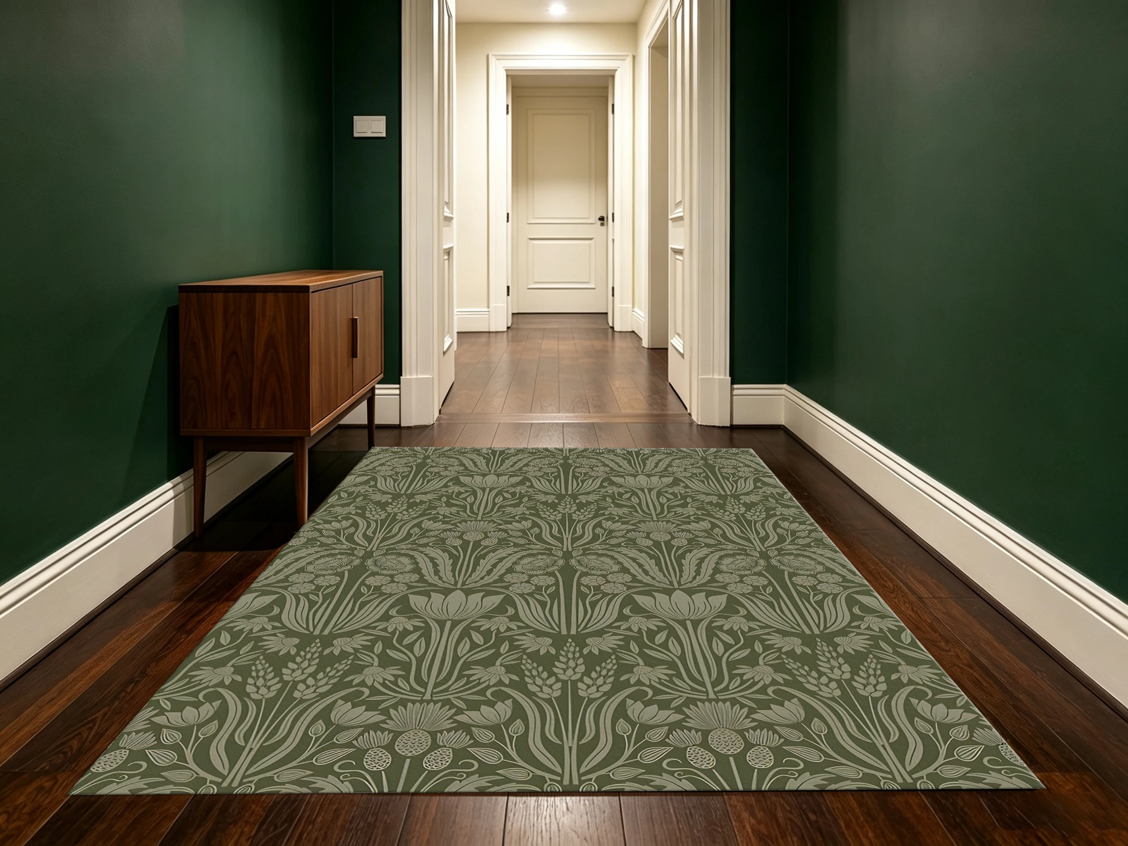 2D Carpet with Dark Green Retro Plant Vine Scroll Pattern in Vintage Style for Living Room, Bedroom, and Bedside