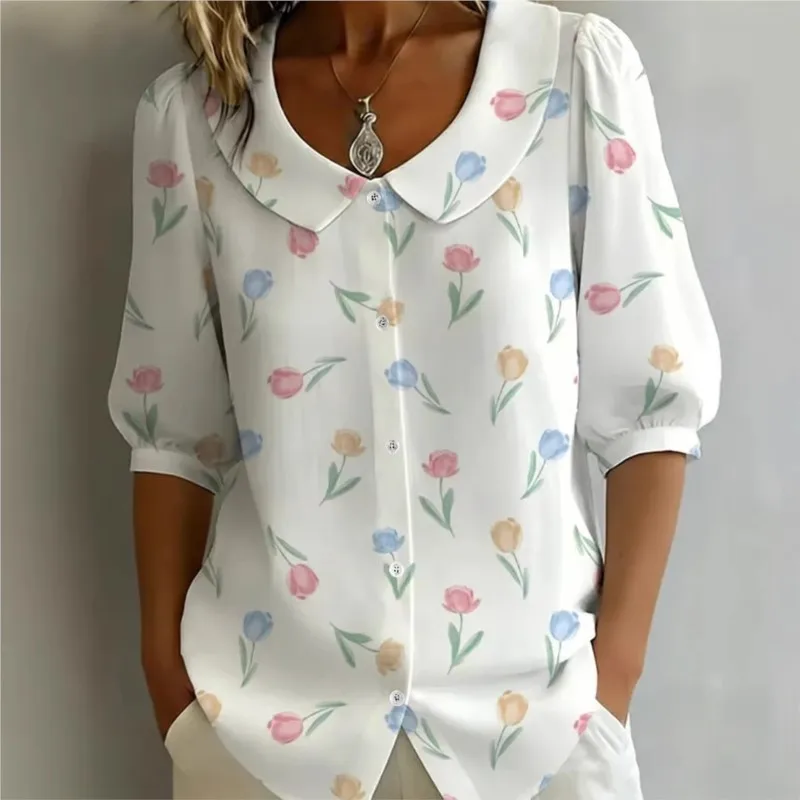 

Retro Casual Woman Blouses 2026 Summer Floral Print T-Shirt Outdoor Lapel Short Sleeve Tops Women Pulovers Blouse Clothing