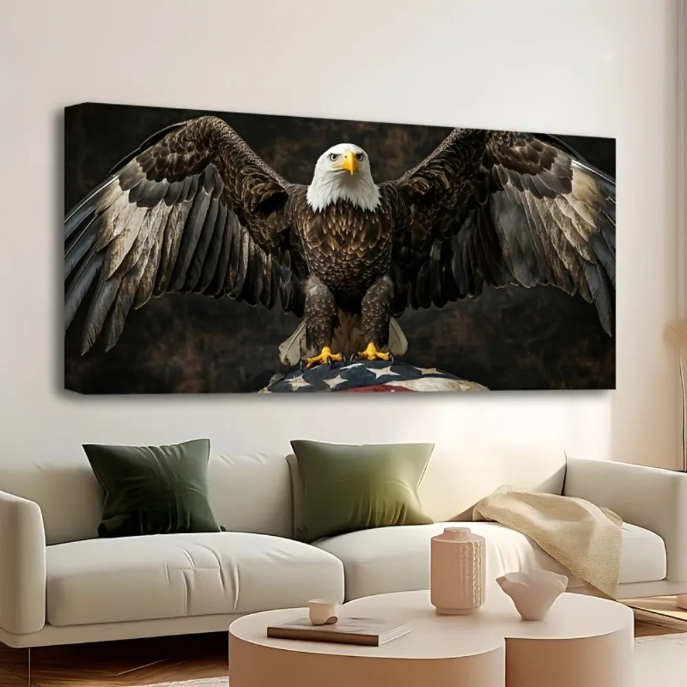 

1.5 inch thick pine solid wood frame, Eagle Flying American flag canvas art printing, wall decoration hanging paintings