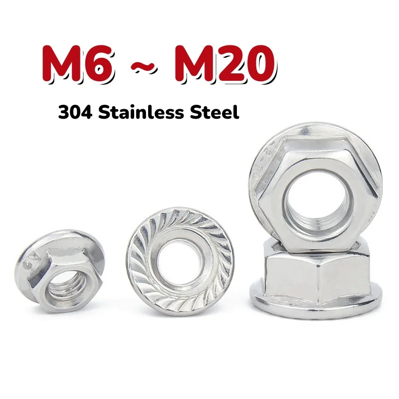 M6 M8 M10 M12 M14 M16 M20 304 Stainless Steel Fine Thread Hex Head Flange Nuts Serrated Lock Nut 0.75/1/1.25/1.5mm