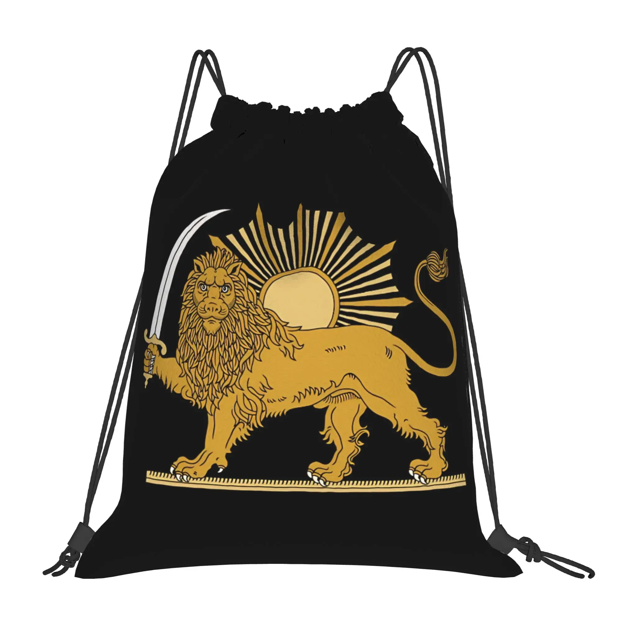 

Lion and Sun Persian Iran Emblem Drawstring Backpack Gym Sports Sackpack Water Resistant String Bags for Exercise