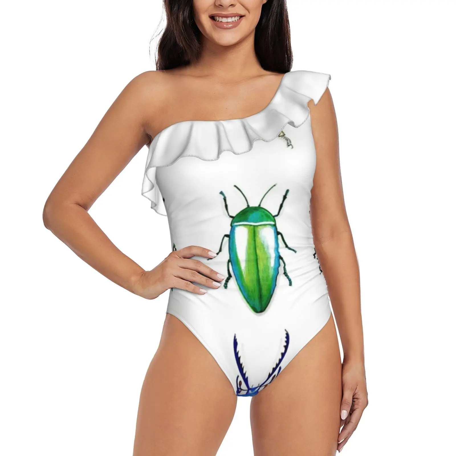 

Beetles One Shoulder Ruffle Swimsuit Print Swimwear Female One Piece Monokini Bathing Suit Beetle Insects Insect Collection