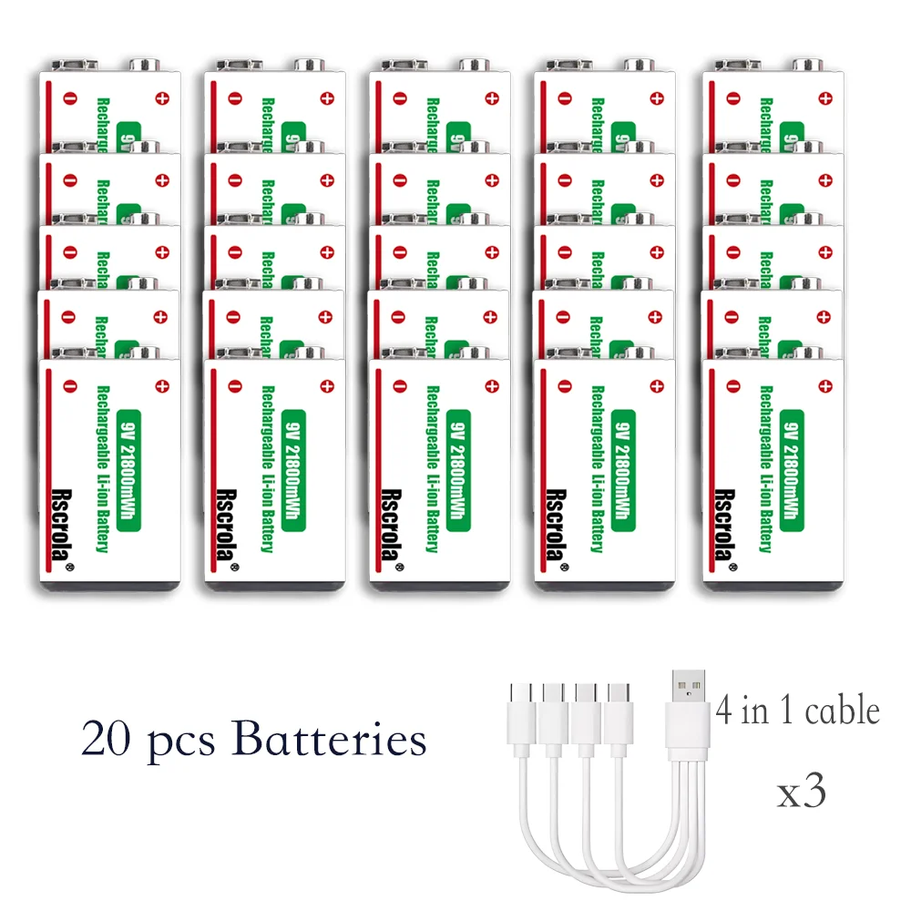 Langdurige 9V Lithium-ion Oplaadbare Batterij 21800mWh Hoge Capaciteit voor Gitaar Microfoon Rookmelder Pedaal met Kabel