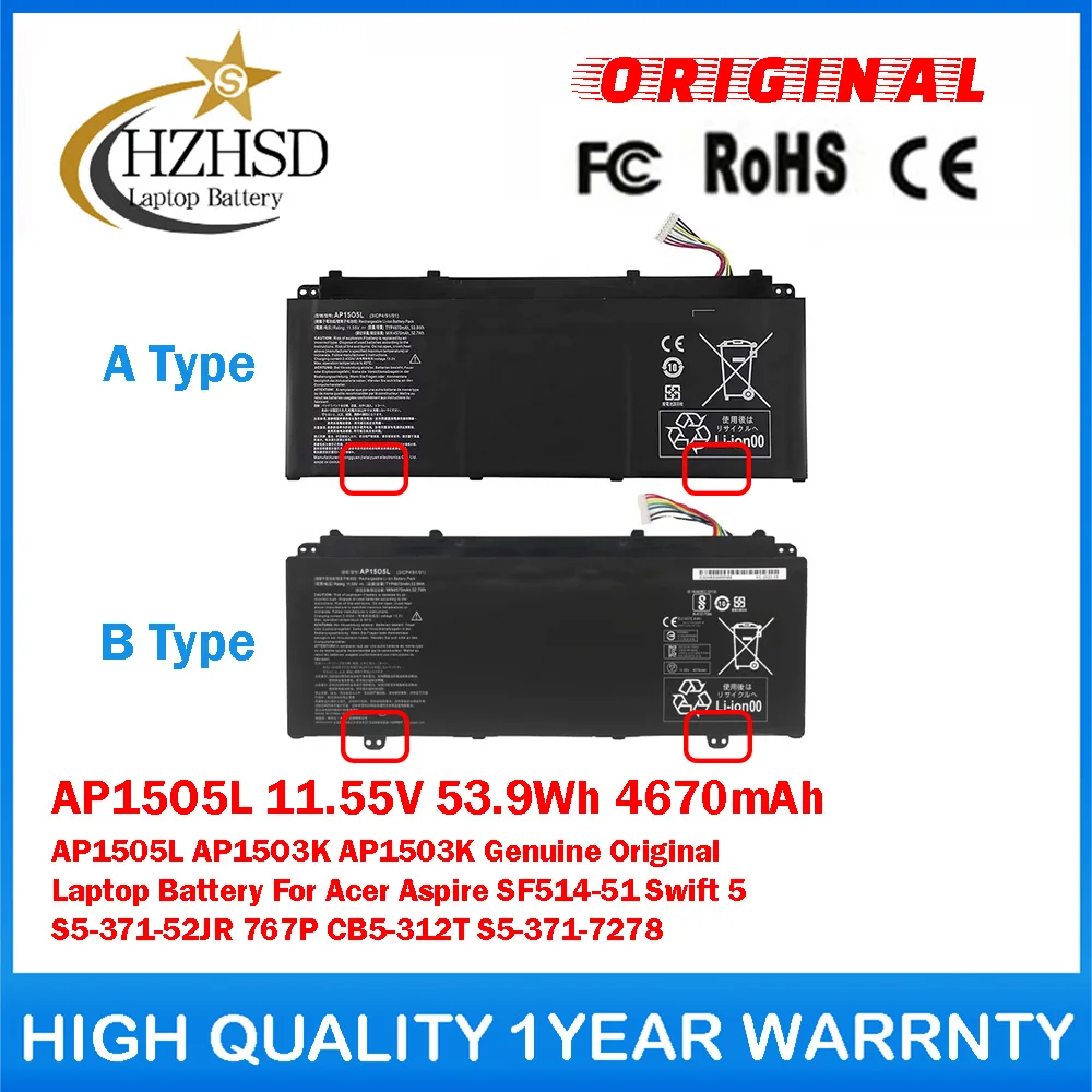 AP15O5L 11.55V 53.9Wh 4670mAh AP1505L AP15O3K AP1503K Genuine Original Laptop Battery For AcerAspire SF514-51 Swift5 S5-371-52JR