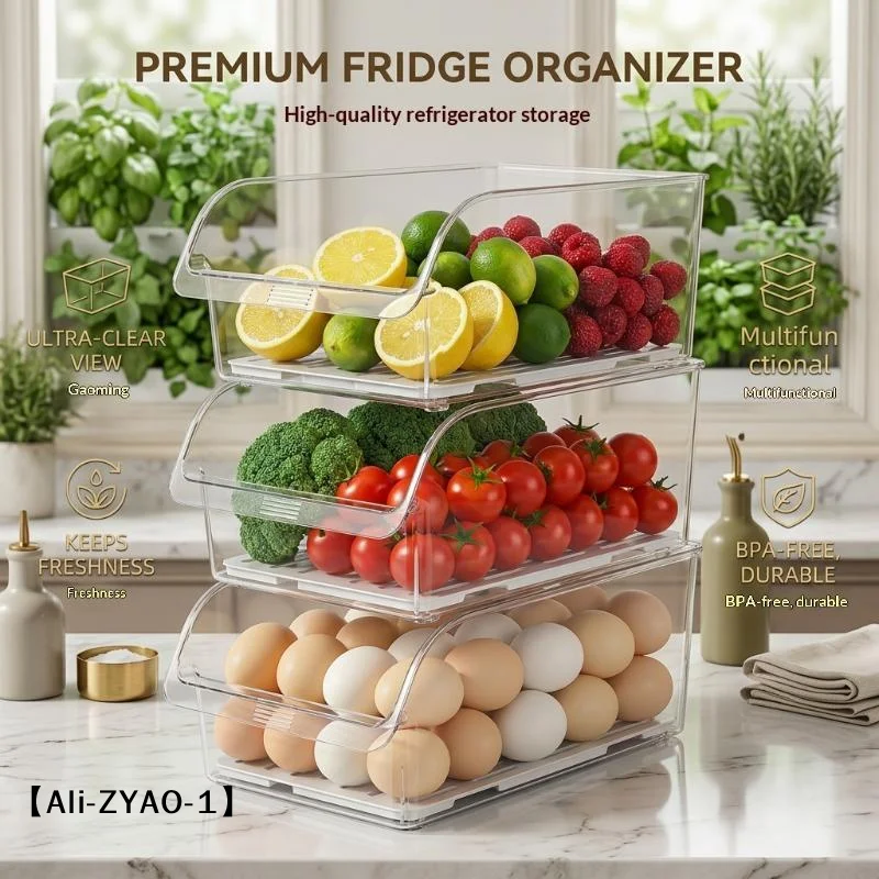 【O】Clear Stackable Fridge Organizer BPA Free Fresh Keeping For Storing Fruits Veggies Eggs In Kitchen